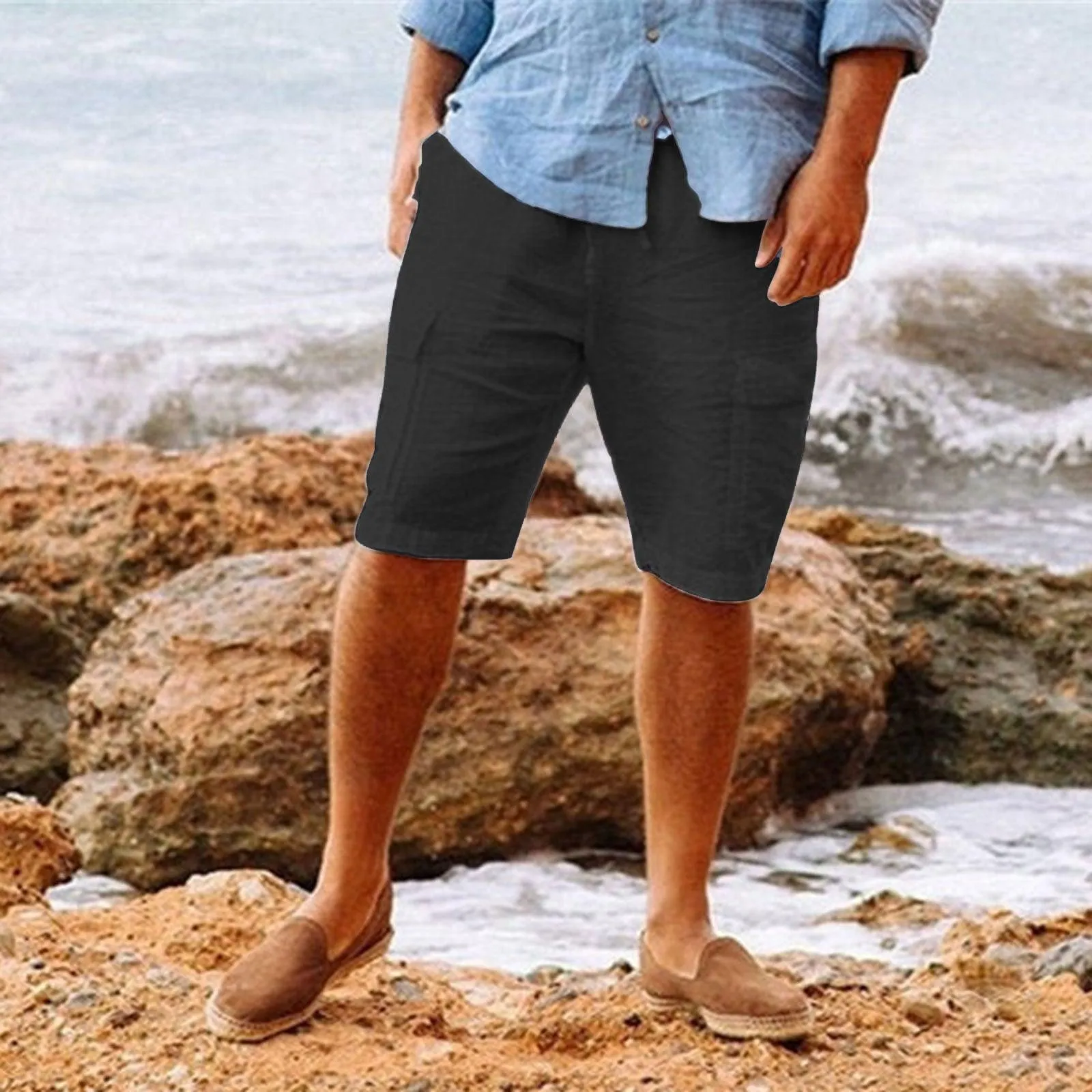Men's Casual Hawaiian Cotton Linen Multi-Pocket Shorts