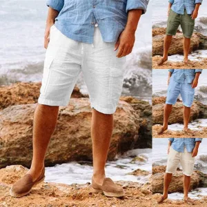 Men's Casual Hawaiian Cotton Linen Multi-Pocket Shorts