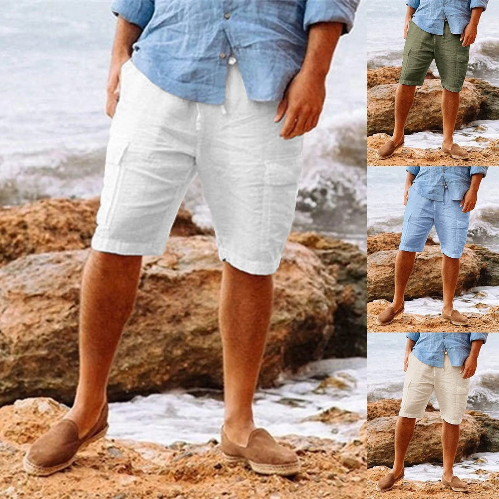 Men's Casual Hawaiian Cotton Linen Multi-Pocket Shorts