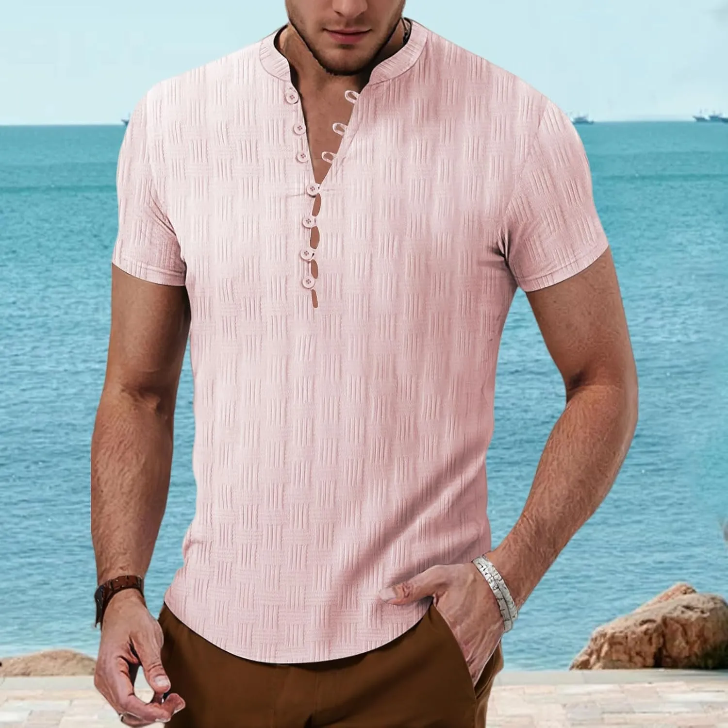Mens Casual Henely Shirts 2025 Classic Button up Short Sleeve T Shirts Fashion Textured Summer Beach Hawaiian Shirts