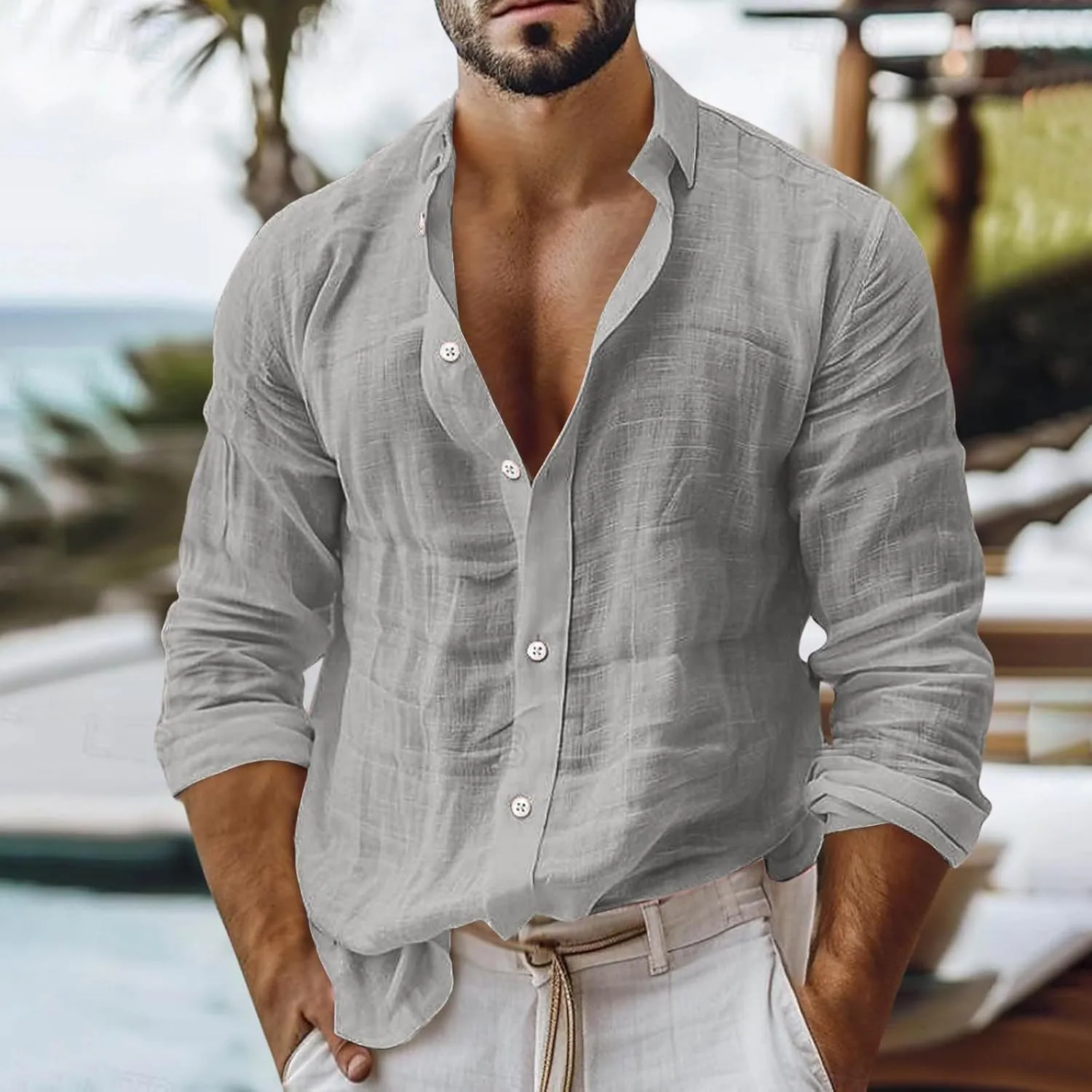 Mens Casual Linen Shirts 2025 Trendy Long Sleeve Button Down Lapel Summer Fashion Beach Outfit Baggy Vacation Tee Top