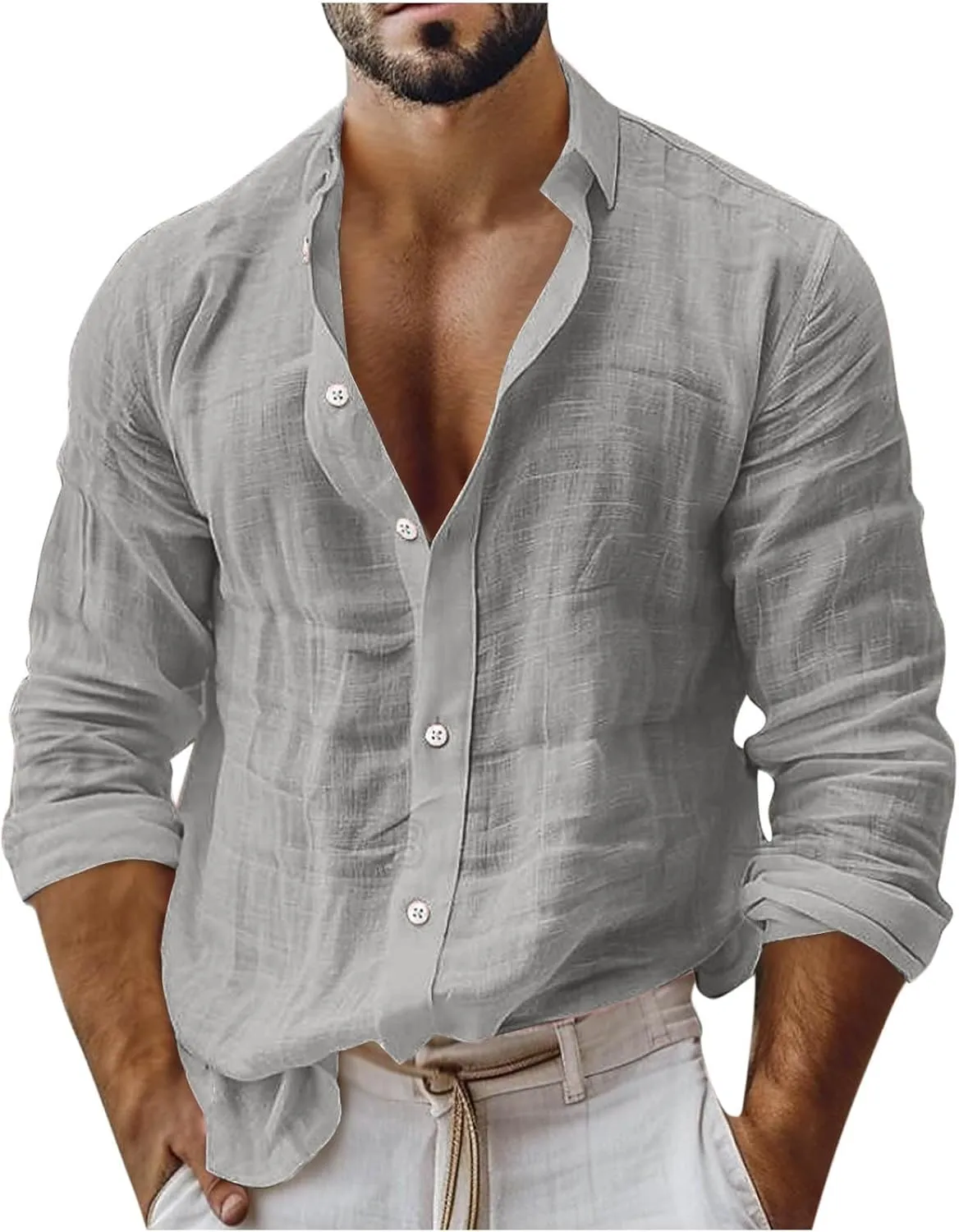 Mens Casual Linen Shirts 2025 Trendy Long Sleeve Button Down Lapel Summer Fashion Beach Outfit Baggy Vacation Tee Top
