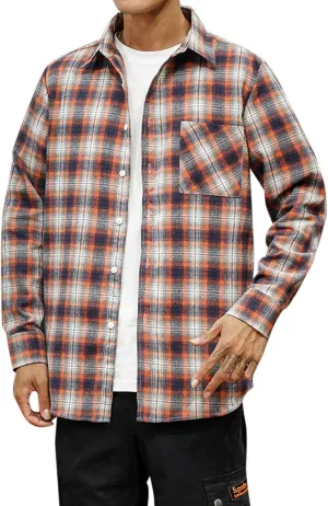 Men's Casual Plaid Flannel Long Sleeve Button Down Shirt Big and Tall Flannel Casual Shirts Lightweight Camp Shirts