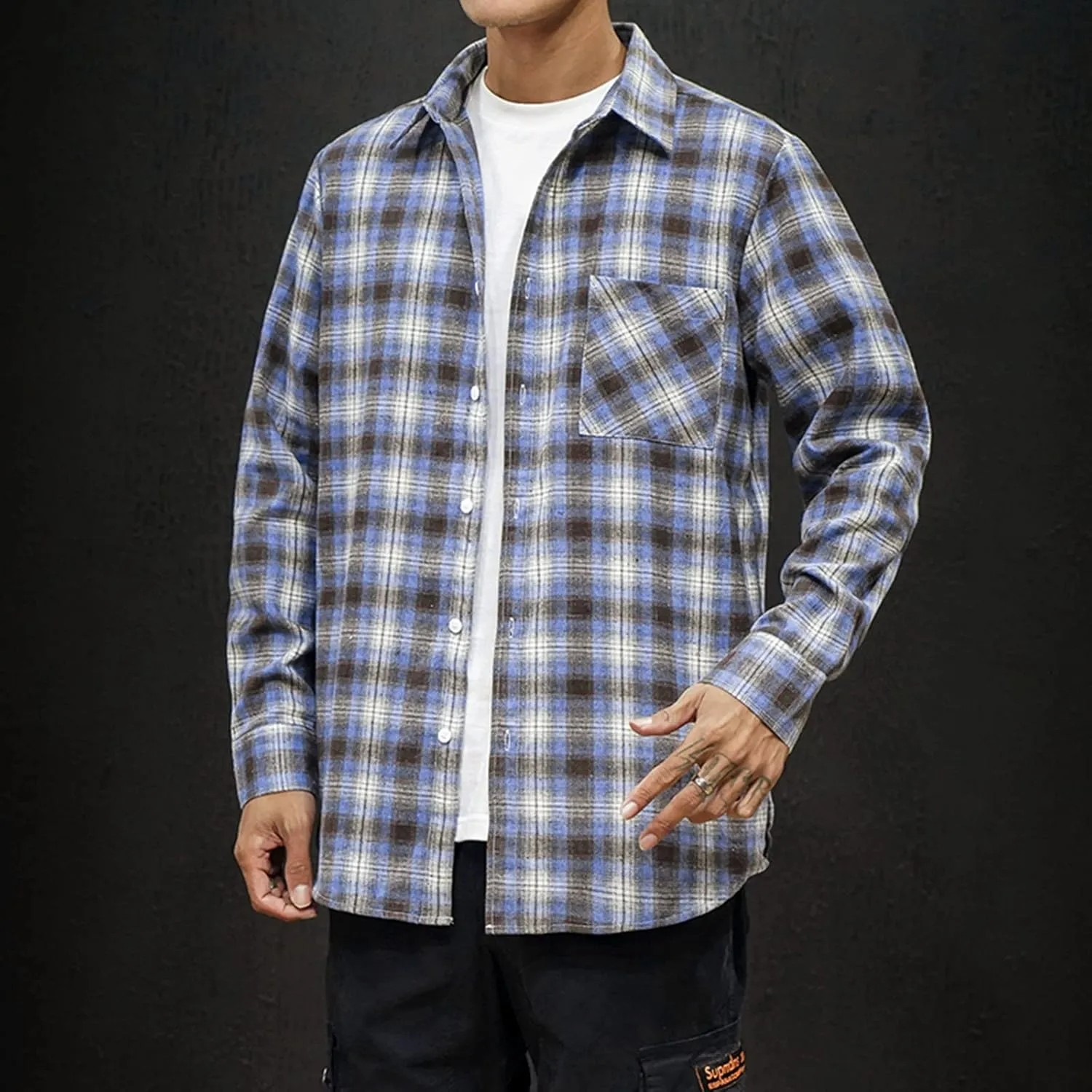 Men's Casual Plaid Flannel Long Sleeve Button Down Shirt Big and Tall Flannel Casual Shirts Lightweight Camp Shirts