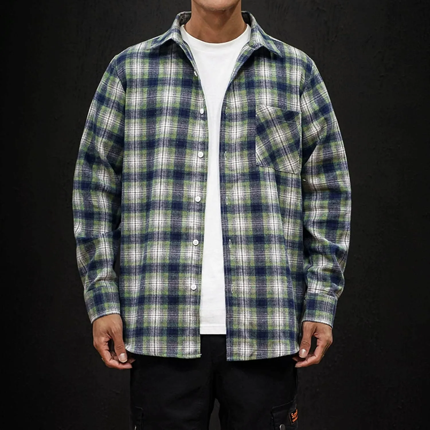 Men's Casual Plaid Flannel Long Sleeve Button Down Shirt Big and Tall Flannel Casual Shirts Lightweight Camp Shirts