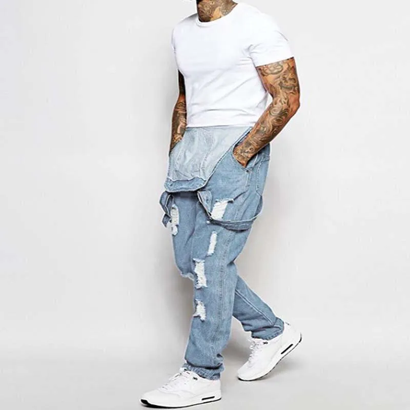 Men's Casual Ripped Denim Overalls 40221493M