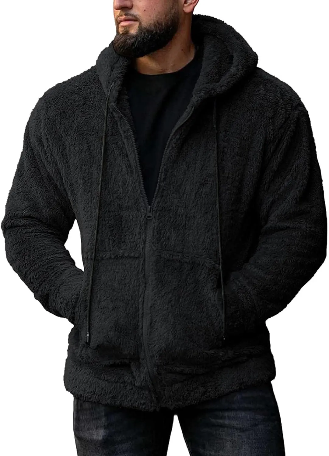 Mens Casual Sherpa Lined Jacket Hoodie Fluffy Fleece Open Front Cardigan Sweater Zip Up Fuzzy Faux Shearling Teddy Coat