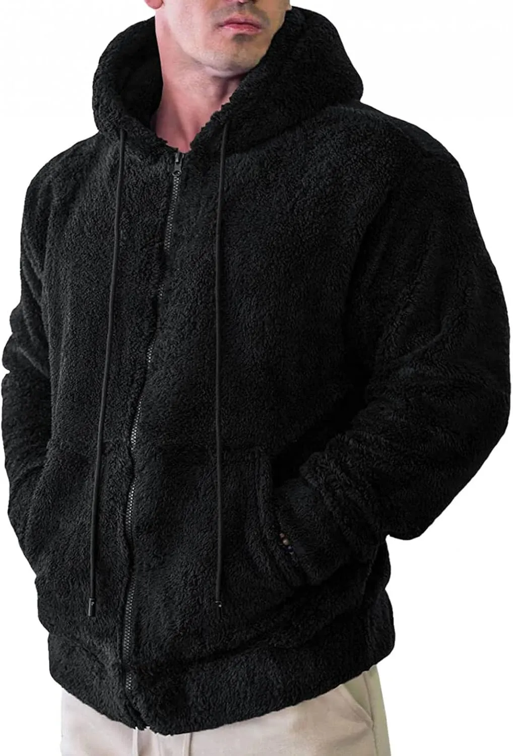 Mens Casual Sherpa Lined Jacket Hoodie Fluffy Fleece Open Front Cardigan Sweater Zip Up Fuzzy Faux Shearling Teddy Coat