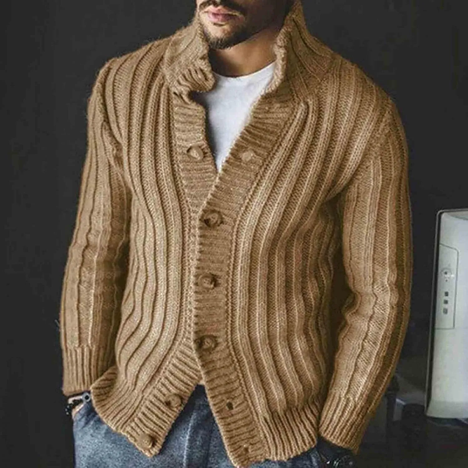 Mens Casual Stand Collar Cable Knit Cardigans Regular Fit Button Down Long Sleeve Casual Open Front Cardigan Sweaters