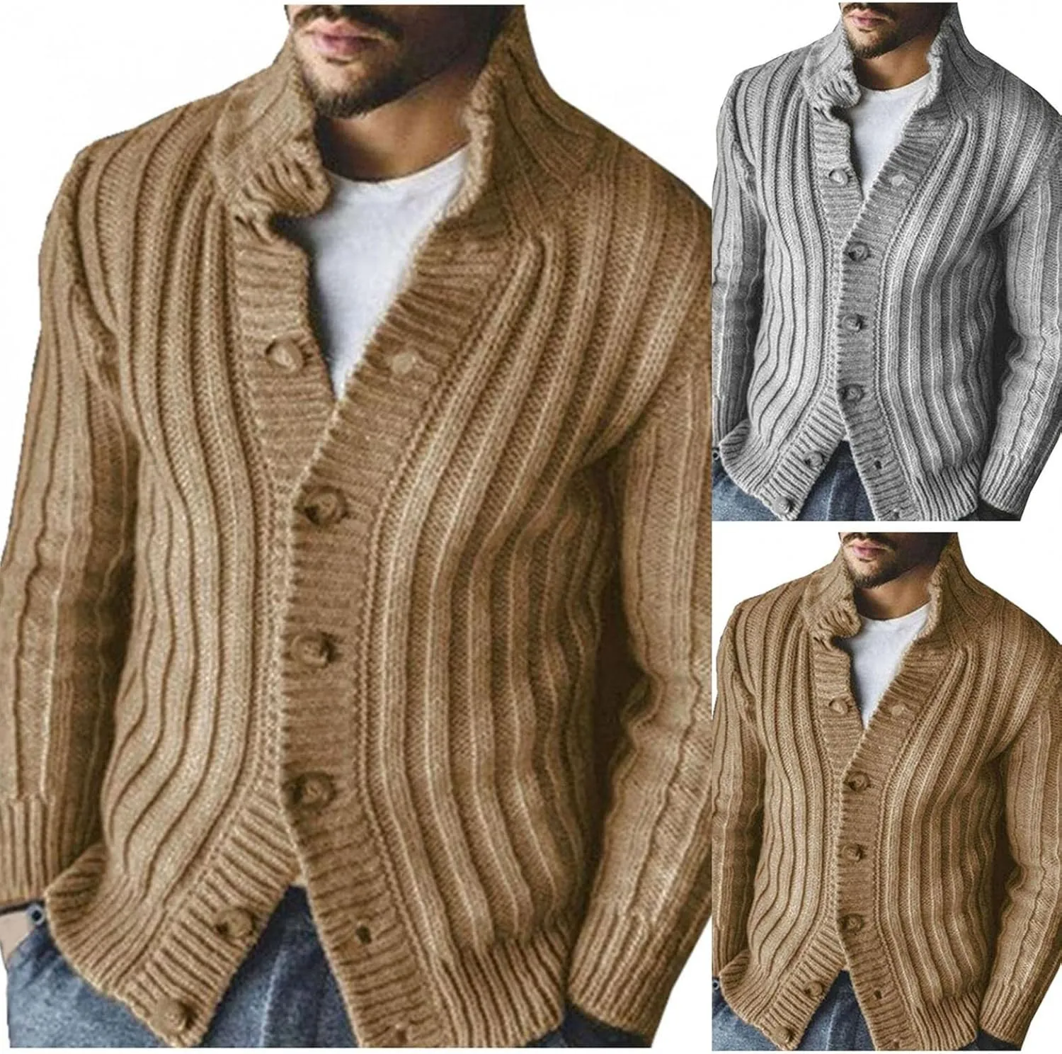 Mens Casual Stand Collar Cable Knit Cardigans Regular Fit Button Down Long Sleeve Casual Open Front Cardigan Sweaters