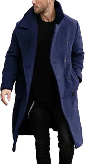 Mens Classic Mid-Length Double Breasted Peacoat Wool Blend Quilted Lined Notched Collar Overcoat Trench Coat Fall Winter