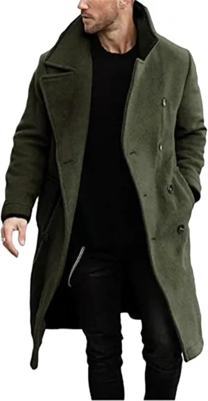Mens Classic Mid-Length Double Breasted Peacoat Wool Blend Quilted Lined Notched Collar Overcoat Trench Coat Fall Winter