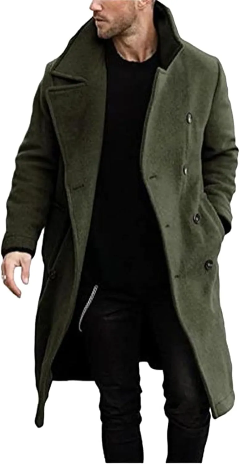 Mens Classic Mid-Length Double Breasted Peacoat Wool Blend Quilted Lined Notched Collar Overcoat Trench Coat Fall Winter