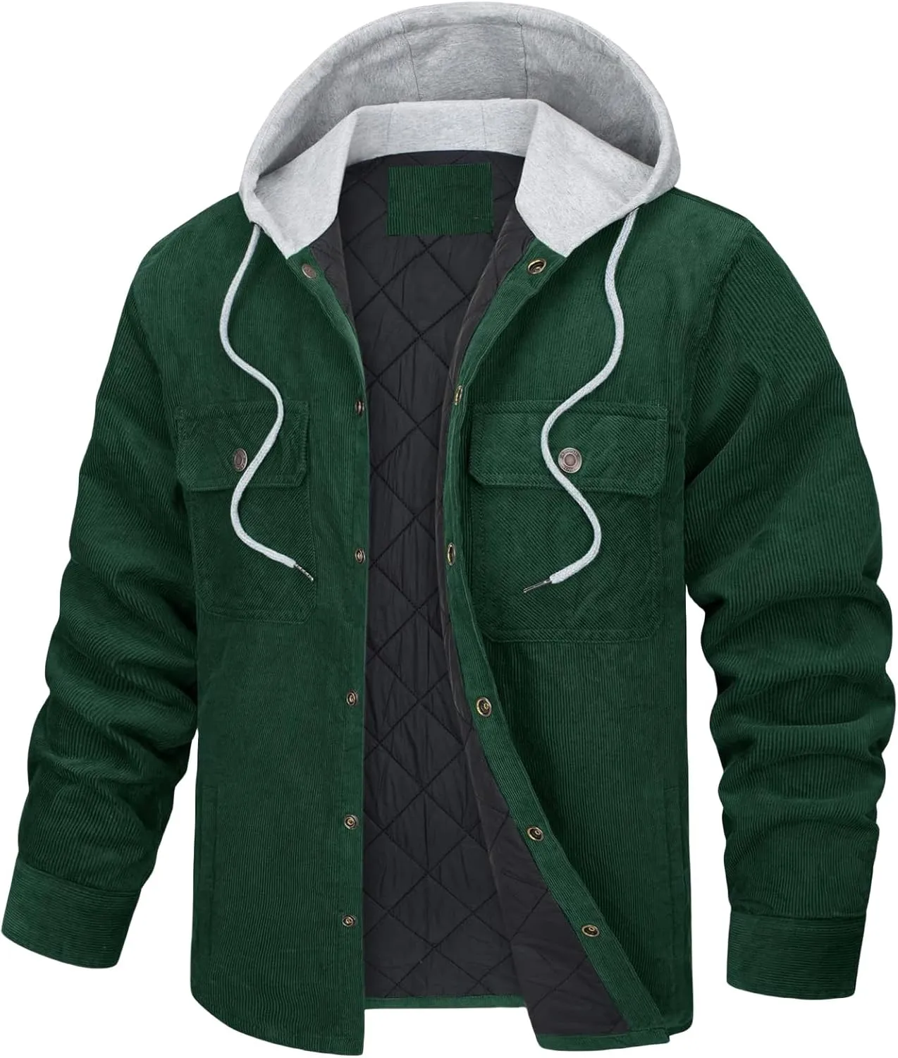 Mens Corduroy Jacket with Quilted Lining Fleece Padding Hooded Cotton Coat Casual Button Down with Pockets