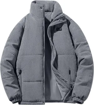 Mens Corduroy Puffer Jacket Winter Quilted Thermal Coat Lightweight Mock Neck Zip Ribbed Short Down Jackets Outerwear