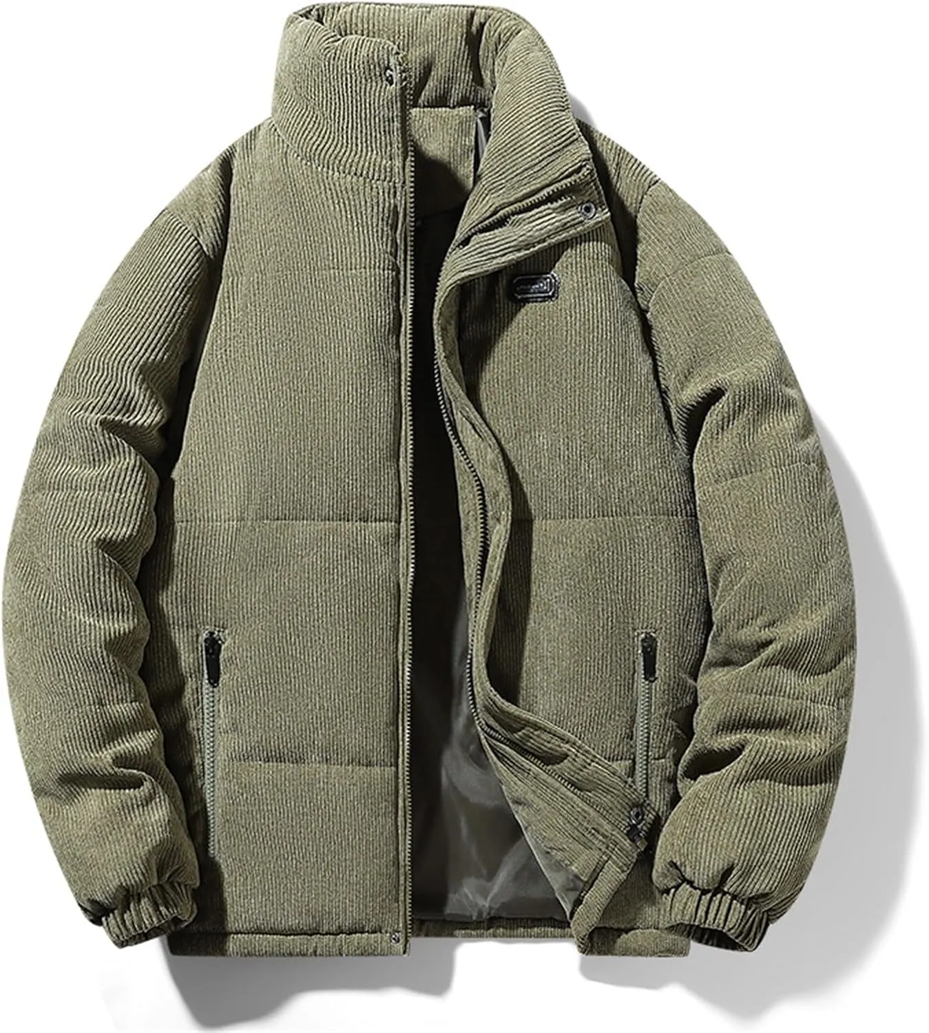Mens Corduroy Puffer Jacket Winter Quilted Thermal Coat Lightweight Mock Neck Zip Ribbed Short Down Jackets Outerwear