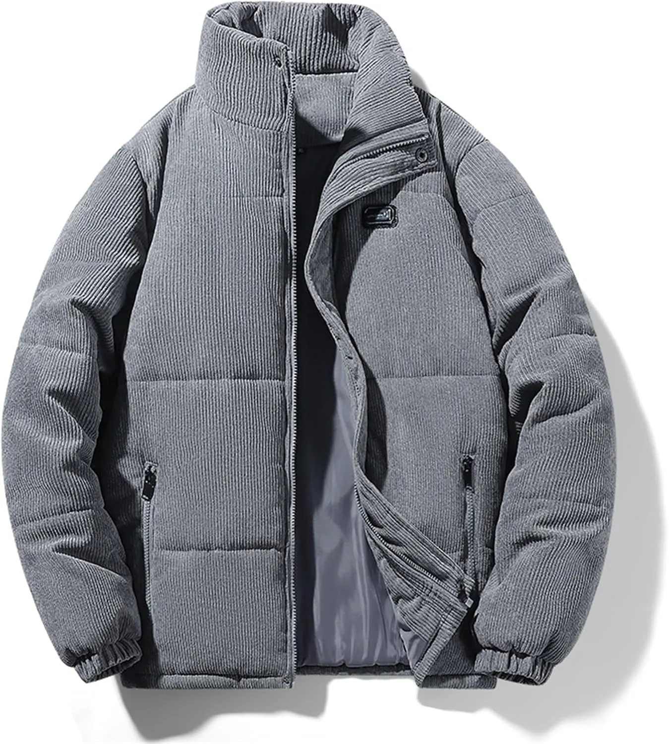 Mens Corduroy Puffer Jacket Winter Quilted Thermal Coat Lightweight Mock Neck Zip Ribbed Short Down Jackets Outerwear