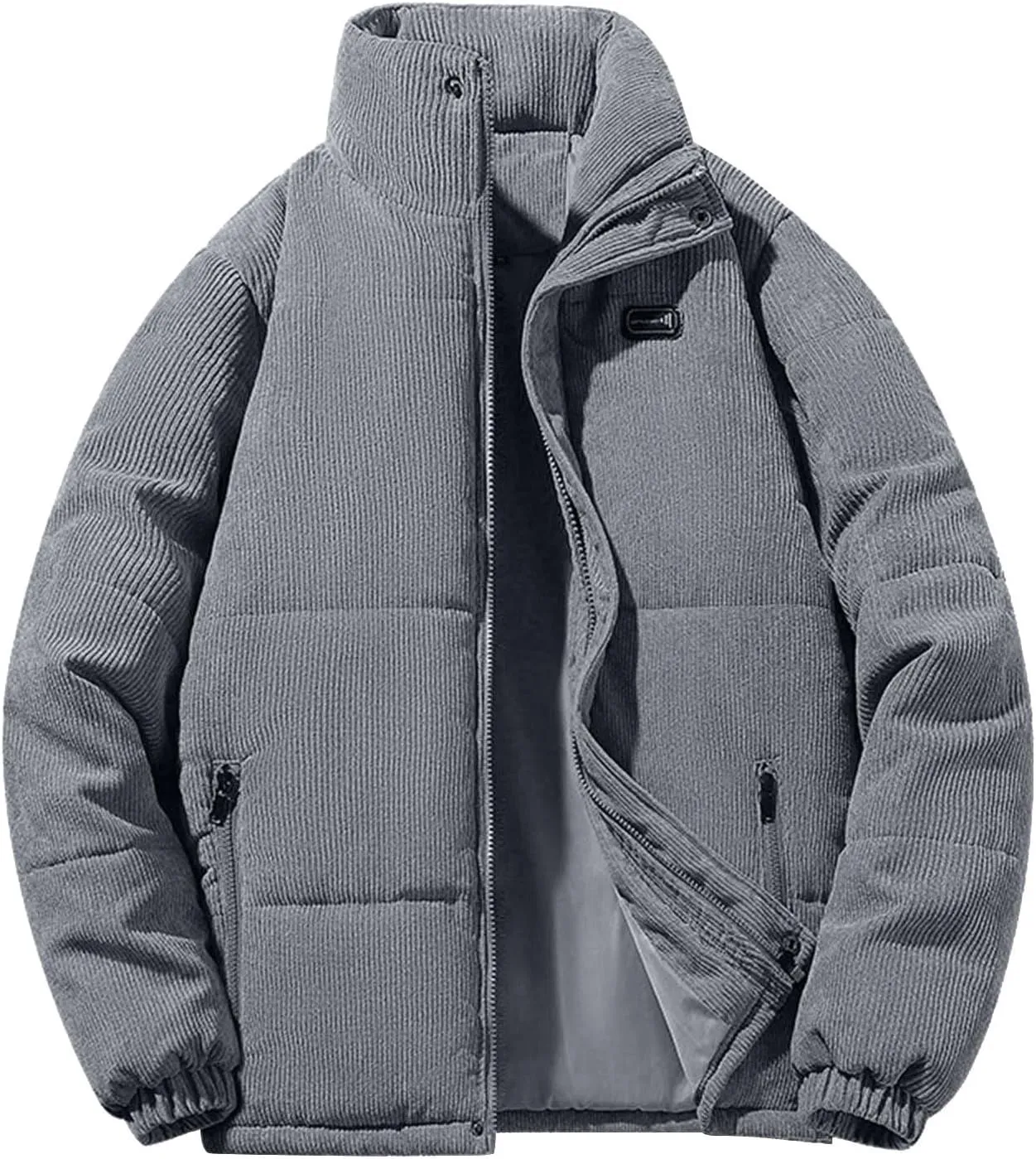 Mens Corduroy Puffer Jacket Winter Quilted Thermal Coat Lightweight Mock Neck Zip Ribbed Short Down Jackets Outerwear