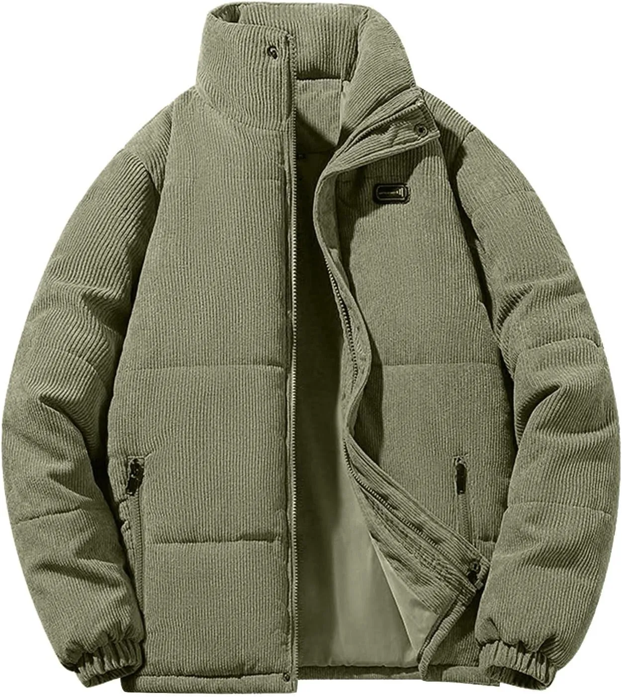 Mens Corduroy Puffer Jacket Winter Quilted Thermal Coat Lightweight Mock Neck Zip Ribbed Short Down Jackets Outerwear