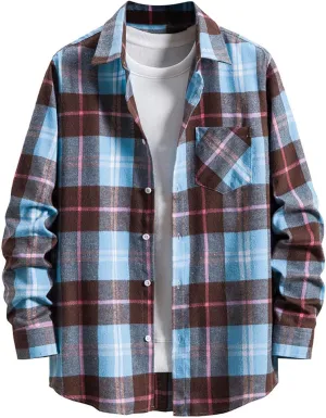 Men's Cotton Flannel Shirt Jacket Long Sleeve Button Down Plaid Shirt Color Block Lightweight Outdoor Camp Shirts