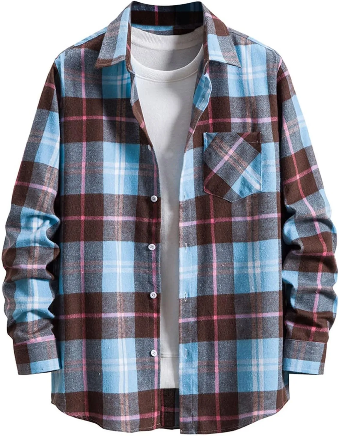 Men's Cotton Flannel Shirt Jacket Long Sleeve Button Down Plaid Shirt Color Block Lightweight Outdoor Camp Shirts