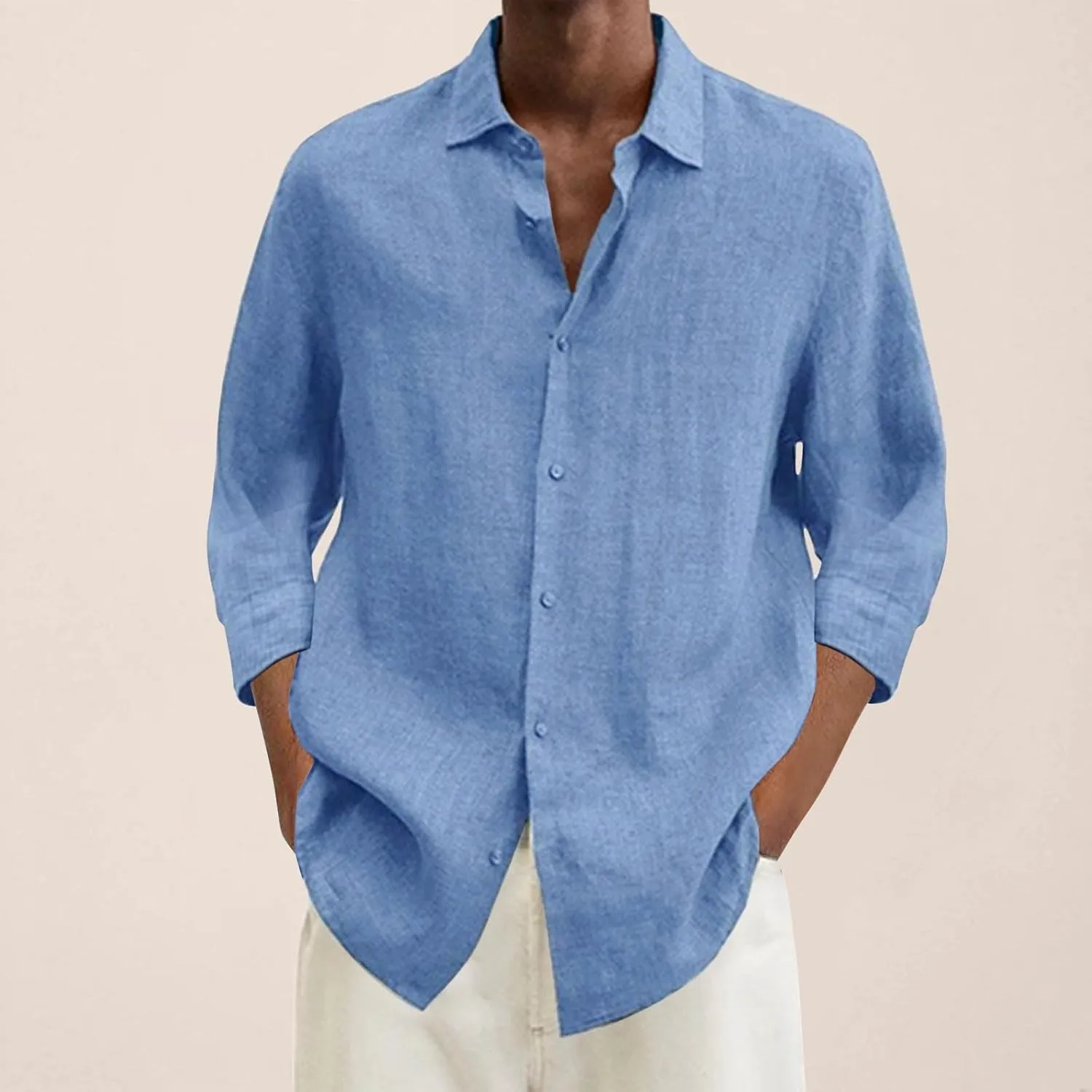 Mens Cotton Linen Hoodie Lightweight Long Sleeved Lapel Cotton Pocket Shirt Tops V Neck Button Down Hooded Shirt