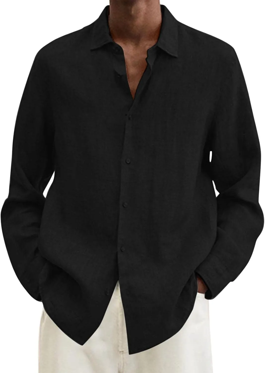 Mens Cotton Linen Hoodie Lightweight Long Sleeved Lapel Cotton Pocket Shirt Tops V Neck Button Down Hooded Shirt