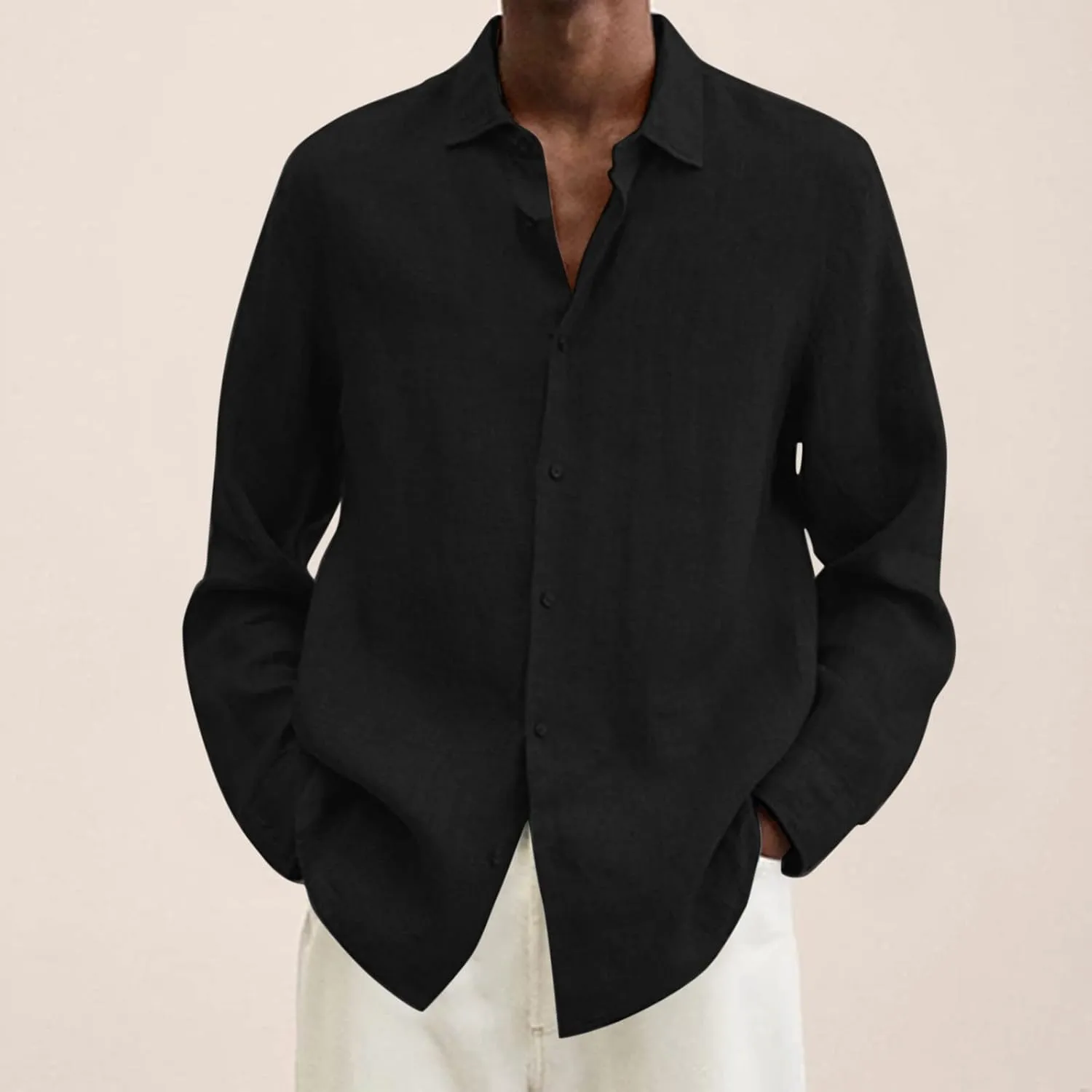 Mens Cotton Linen Hoodie Lightweight Long Sleeved Lapel Cotton Pocket Shirt Tops V Neck Button Down Hooded Shirt