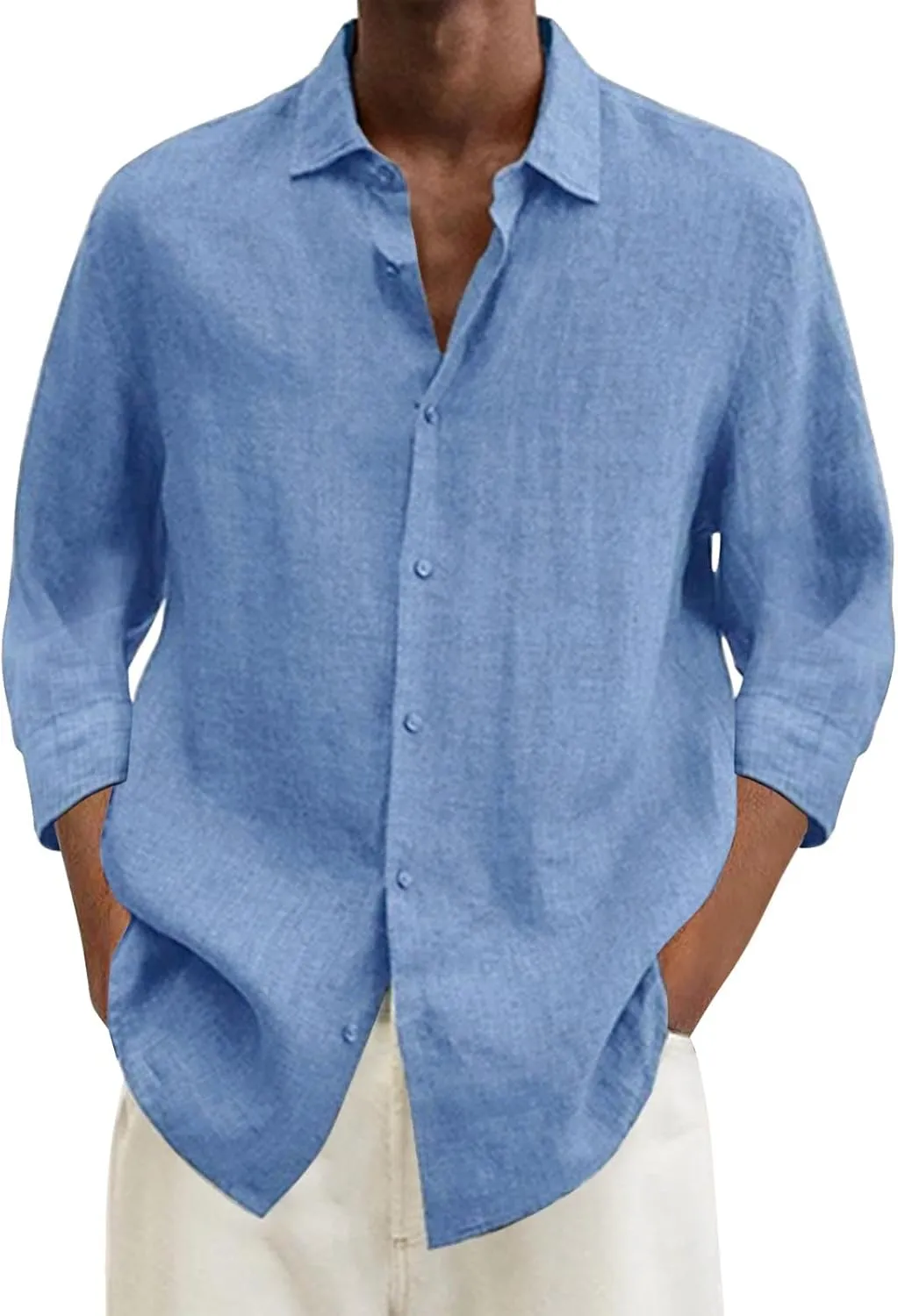 Mens Cotton Linen Hoodie Lightweight Long Sleeved Lapel Cotton Pocket Shirt Tops V Neck Button Down Hooded Shirt