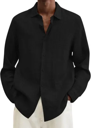 Mens Cotton Linen Hoodie Lightweight Long Sleeved Lapel Cotton Pocket Shirt Tops V Neck Button Down Hooded Shirt