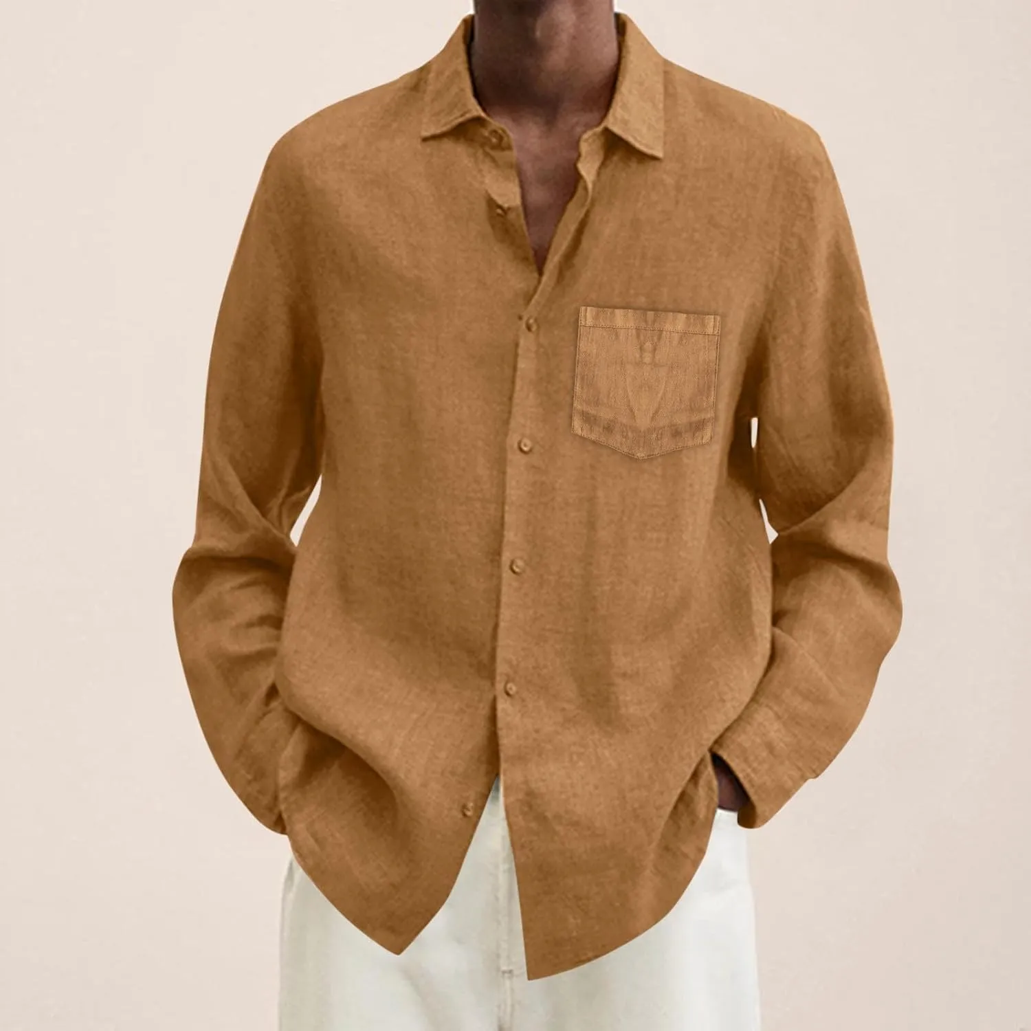 Men's Cotton Linen Oxford Shirts Trendy Summer Long Sleeve Button Down Shirt Band Collar Beach Hawaiian T-Shirt