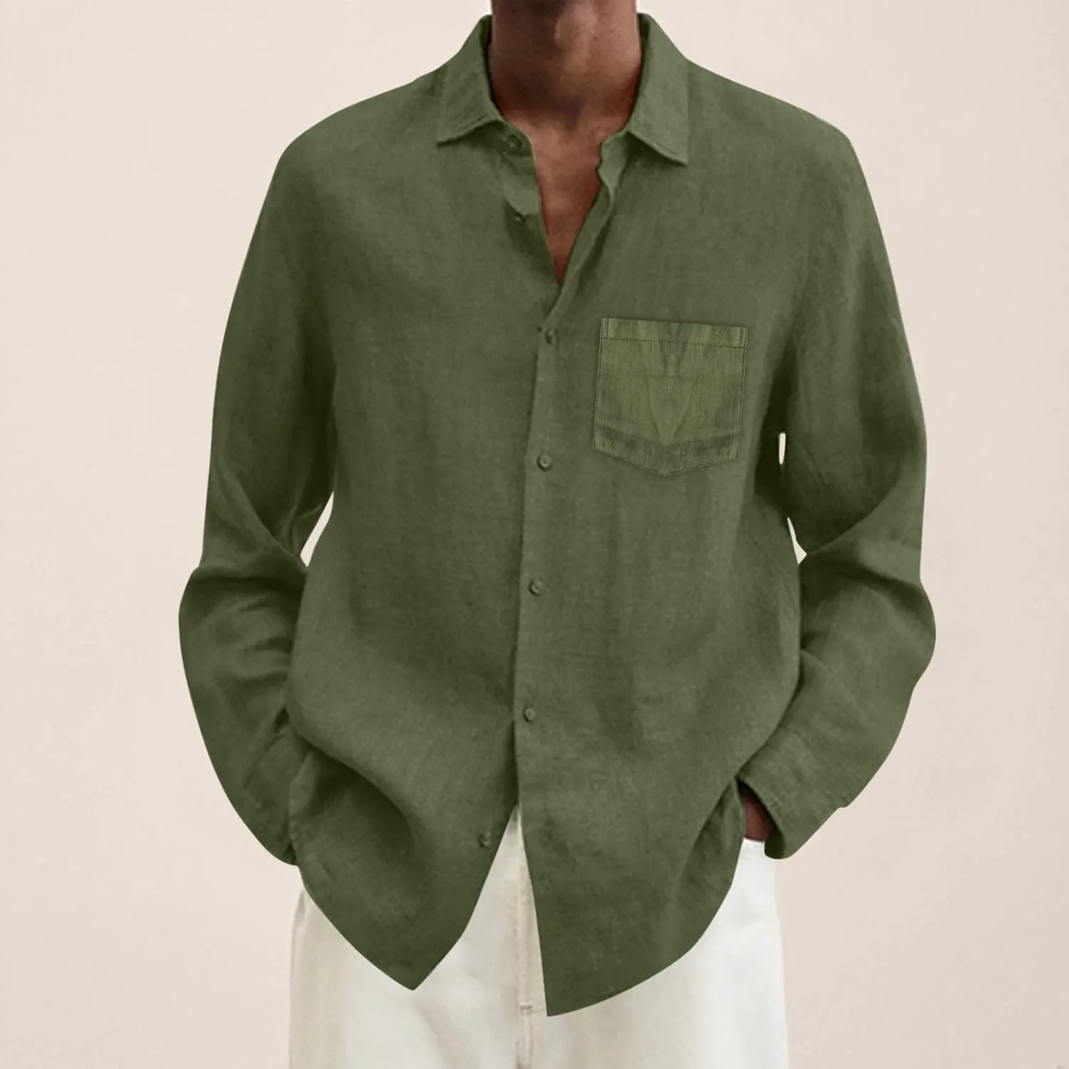 Men's Cotton Linen Oxford Shirts Trendy Summer Long Sleeve Button Down Shirt Band Collar Beach Hawaiian T-Shirt