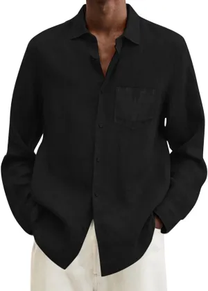 Men's Cotton Linen Oxford Shirts Trendy Summer Long Sleeve Button Down Shirt Band Collar Beach Hawaiian T-Shirt