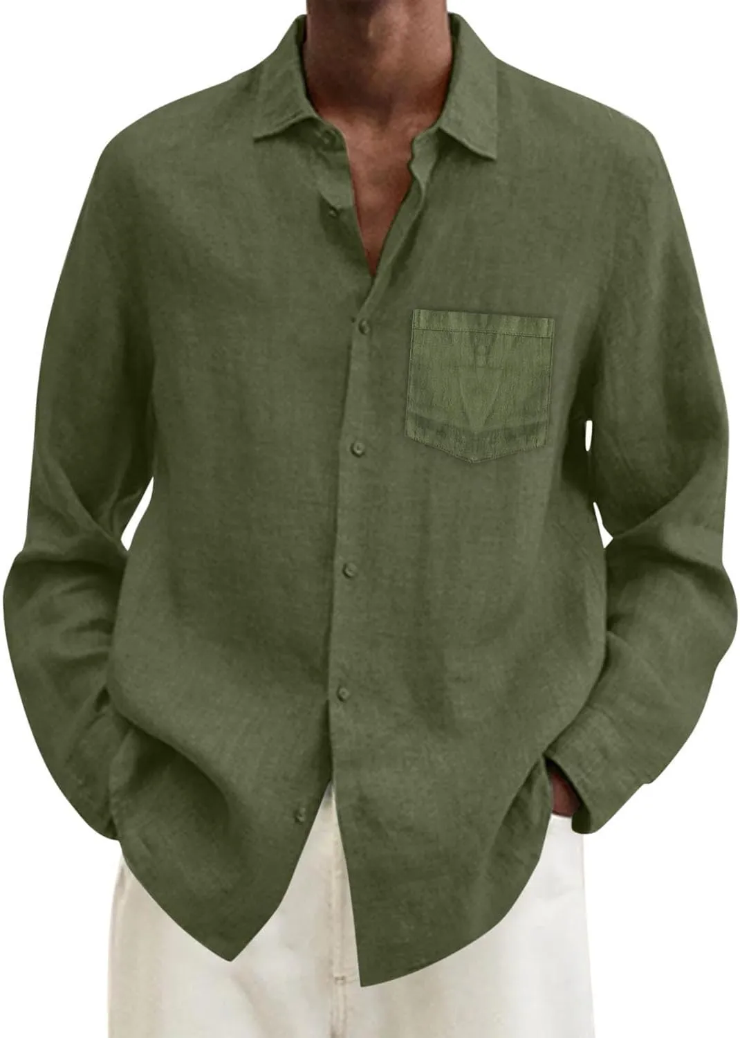Men's Cotton Linen Oxford Shirts Trendy Summer Long Sleeve Button Down Shirt Band Collar Beach Hawaiian T-Shirt