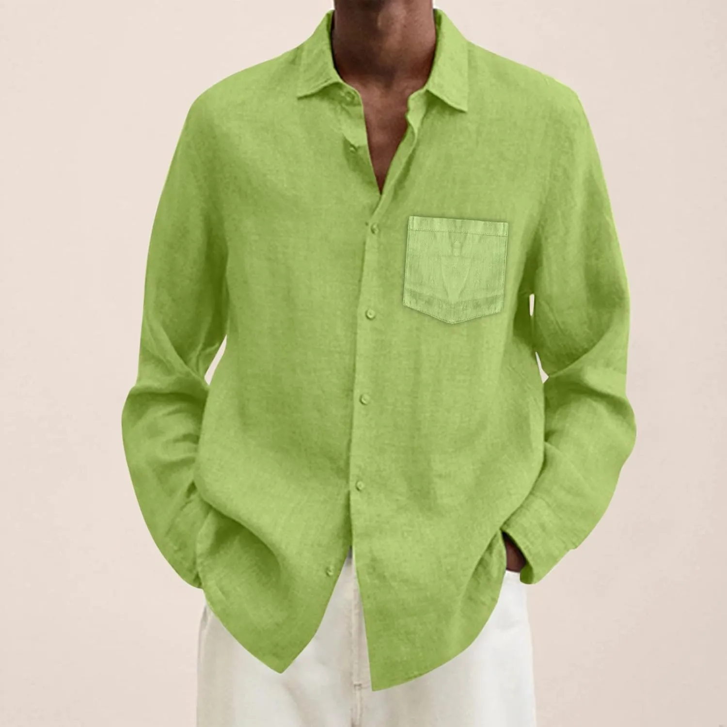 Men's Cotton Linen Oxford Shirts Trendy Summer Long Sleeve Button Down Shirt Band Collar Beach Hawaiian T-Shirt