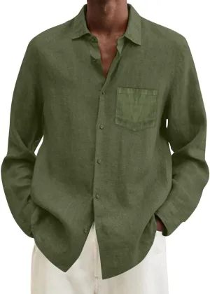 Men's Cotton Linen Oxford Shirts Trendy Summer Long Sleeve Button Down Shirt Band Collar Beach Hawaiian T-Shirt