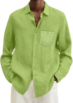 Men's Cotton Linen Oxford Shirts Trendy Summer Long Sleeve Button Down Shirt Band Collar Beach Hawaiian T-Shirt