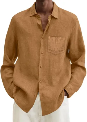 Men's Cotton Linen Oxford Shirts Trendy Summer Long Sleeve Button Down Shirt Band Collar Beach Hawaiian T-Shirt