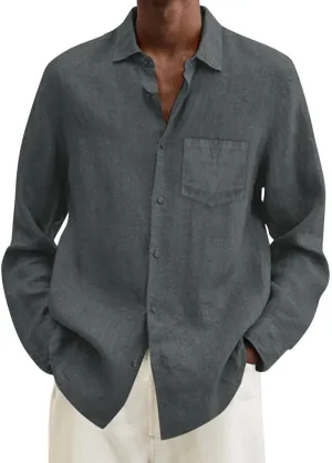 Men's Cotton Linen Oxford Shirts Trendy Summer Long Sleeve Button Down Shirt Band Collar Beach Hawaiian T-Shirt
