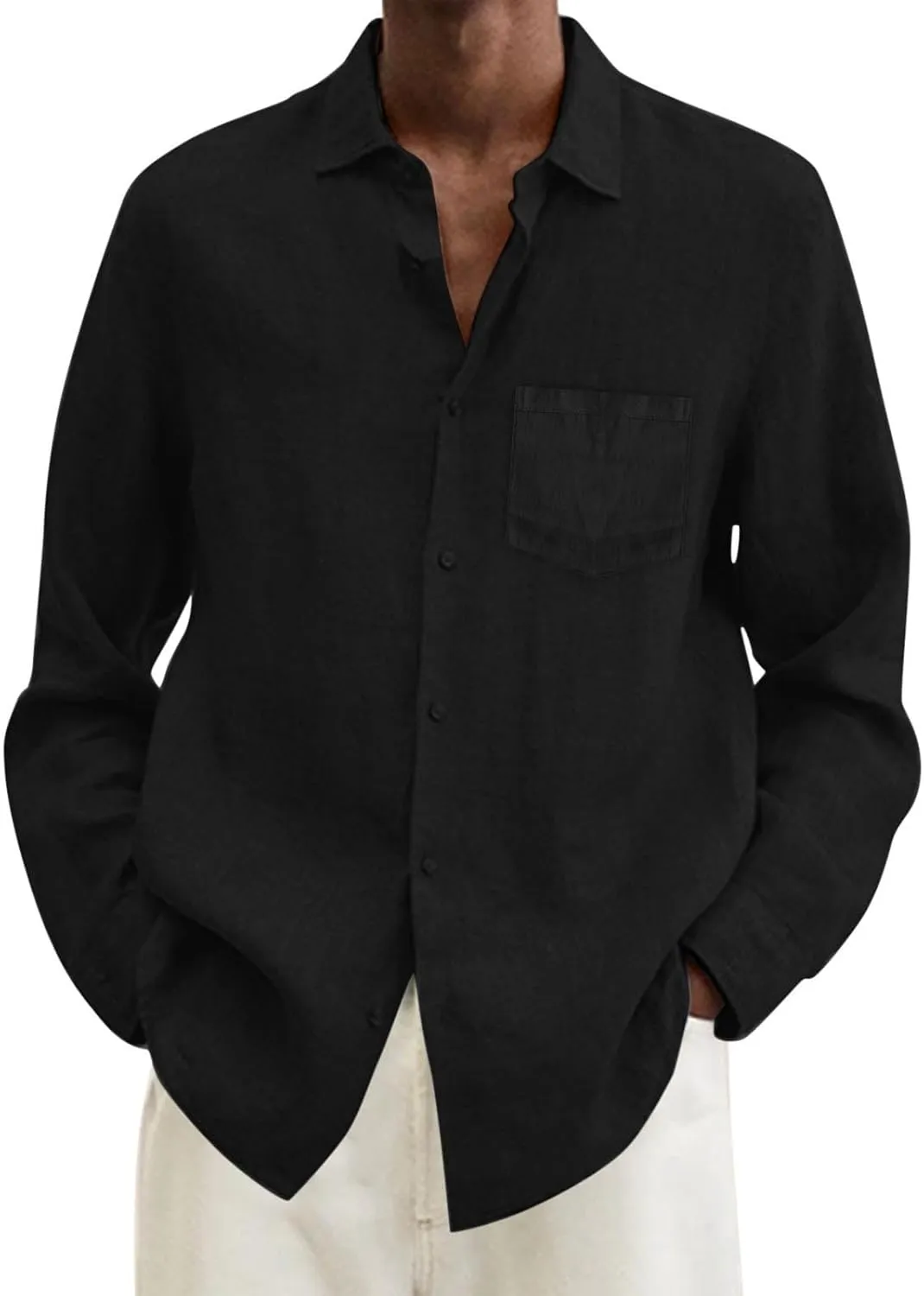 Men's Cotton Linen Oxford Shirts Trendy Summer Long Sleeve Button Down Shirt Band Collar Beach Hawaiian T-Shirt