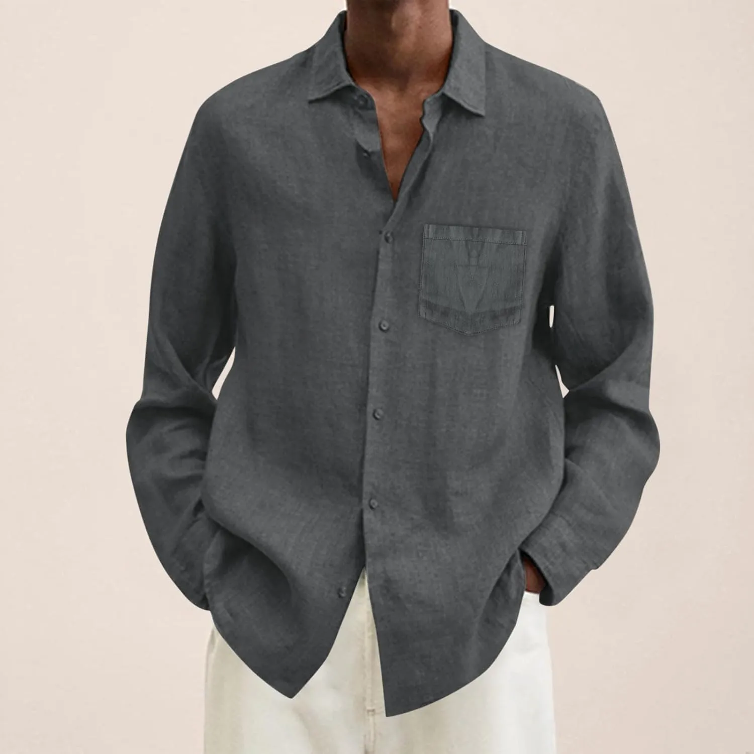 Men's Cotton Linen Oxford Shirts Trendy Summer Long Sleeve Button Down Shirt Band Collar Beach Hawaiian T-Shirt