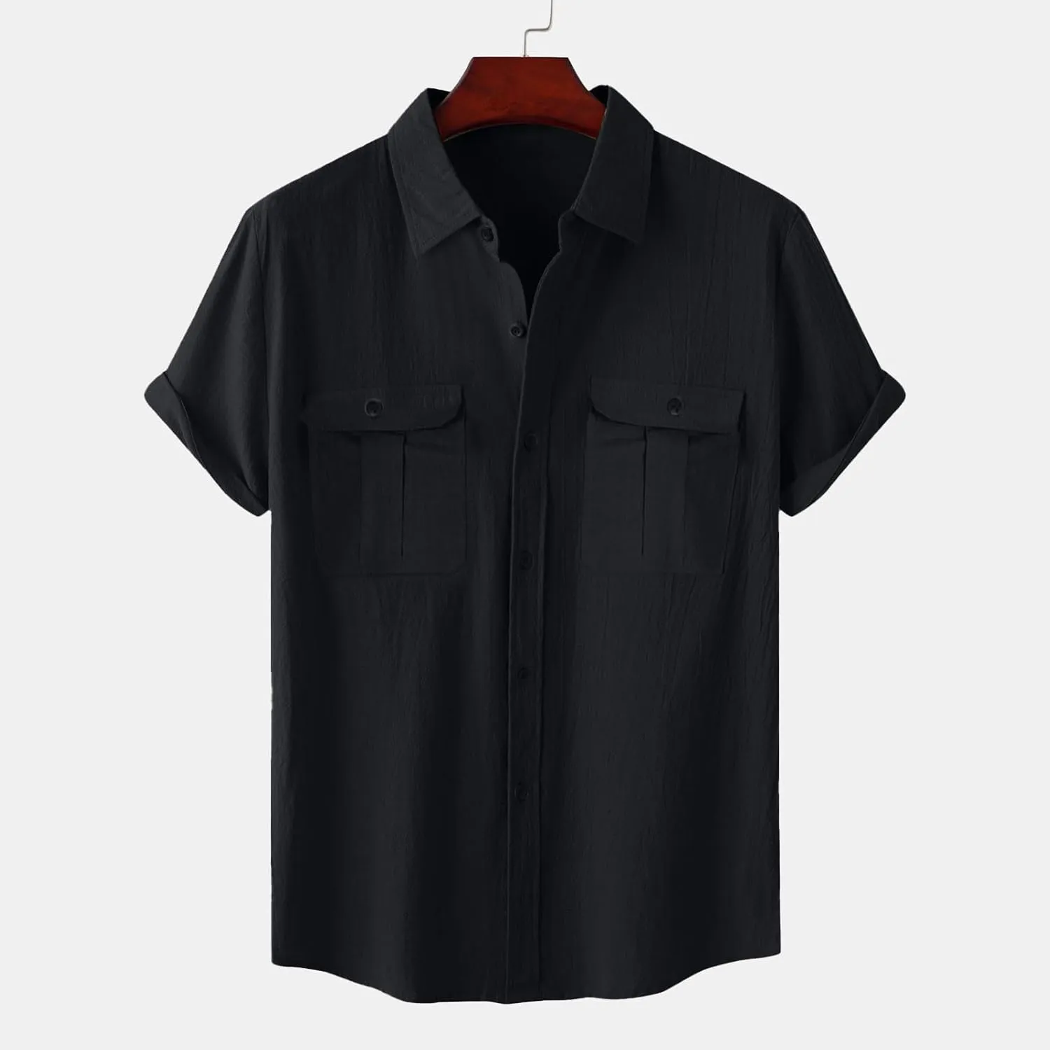 Mens Cotton Linen Shirts Button Down Casual Tshirt Textured Short Sleeve Shirts Summer Beach Outdoor Tee with Pockets