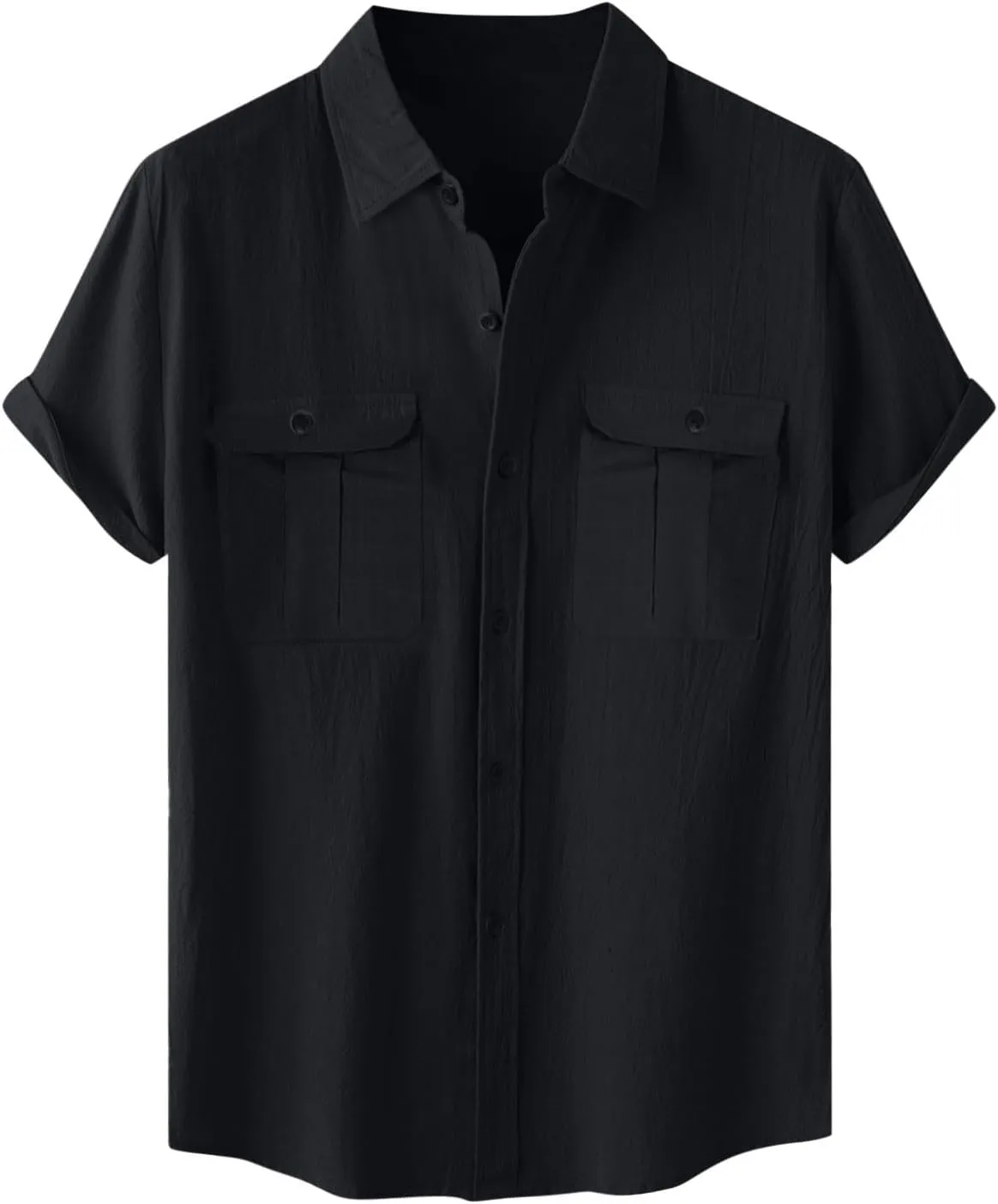 Mens Cotton Linen Shirts Button Down Casual Tshirt Textured Short Sleeve Shirts Summer Beach Outdoor Tee with Pockets
