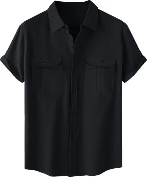 Mens Cotton Linen Shirts Button Down Casual Tshirt Textured Short Sleeve Shirts Summer Beach Outdoor Tee with Pockets