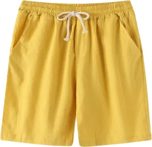 Mens Cotton Linen Shorts Casual Elastic Waist Drawstring Beach Shorts Lightweight Summer Golf Shorts Daily Shorts