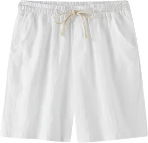 Mens Cotton Linen Shorts Casual Elastic Waist Drawstring Beach Shorts Lightweight Summer Golf Shorts Daily Shorts