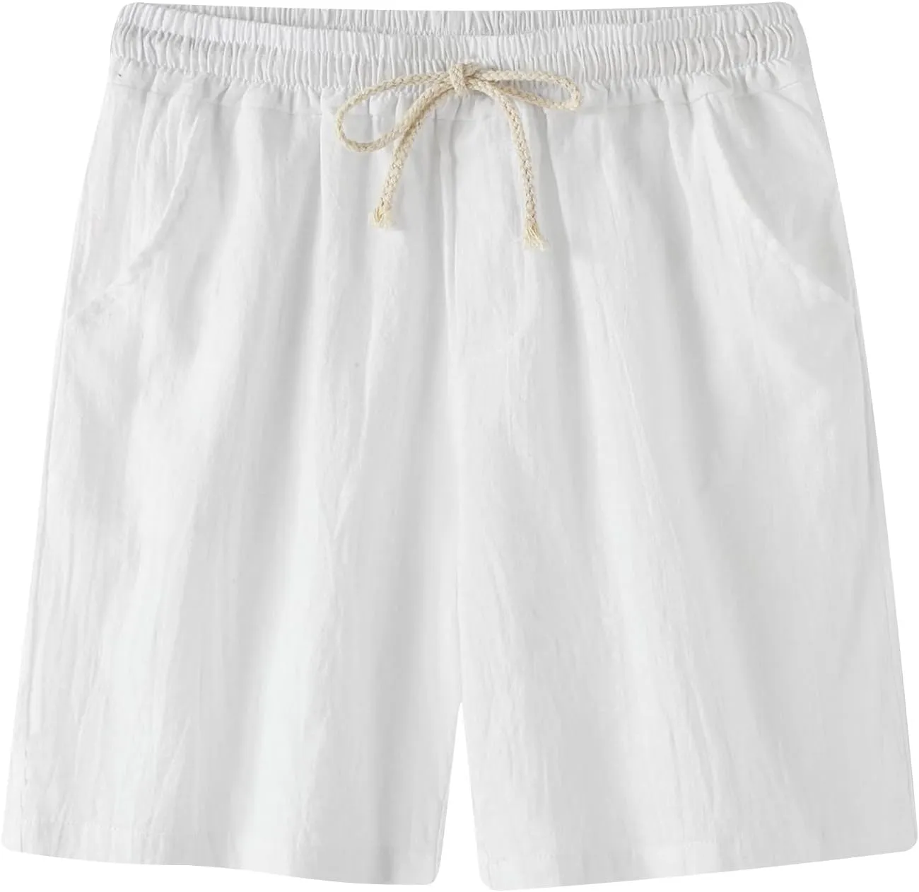 Mens Cotton Linen Shorts Casual Elastic Waist Drawstring Beach Shorts Lightweight Summer Golf Shorts Daily Shorts