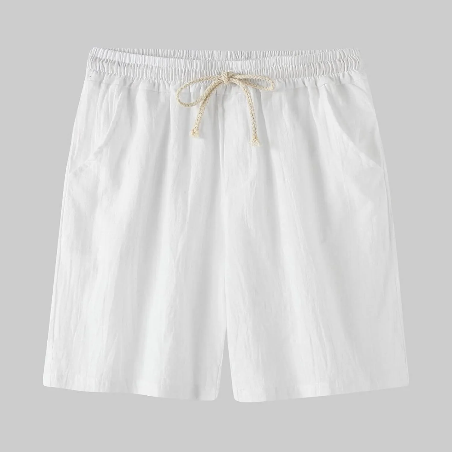 Mens Cotton Linen Shorts Casual Elastic Waist Drawstring Beach Shorts Lightweight Summer Golf Shorts Daily Shorts