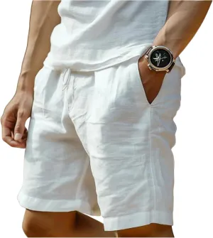 Men's Cotton Linen Shorts Solid Color Casual Pocket Button Shorts with Pockets