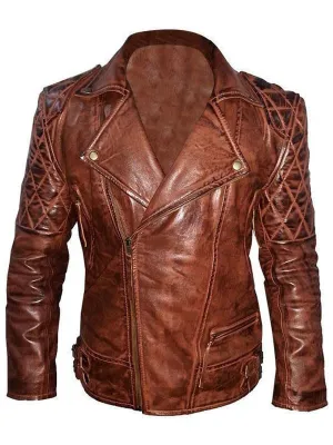 Mens Diamond Quilted Vintage Leather Biker Jacket